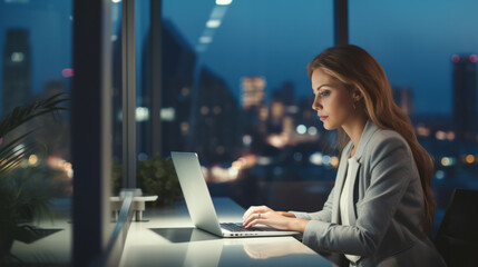 Professional business woman sitting at her modern, organized office desk in a skyscraper, working late on the evening on her laptop, with a view of the bustling cityscape in the background.