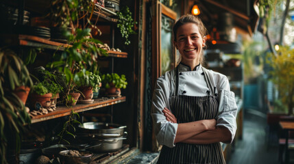 Naklejka premium Adult woman chef de cuisine, standing in front of her restaurant