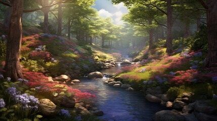 A hidden glen within the forest, showcasing a lush carpet of wildflowers, a burst of colors accentuating the elegant tranquility of the woodland - Generative AI - obrazy, fototapety, plakaty