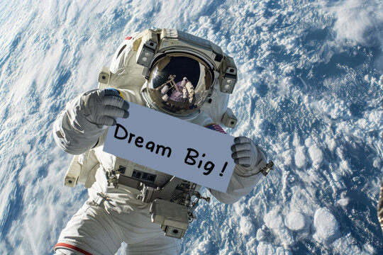 Dream big concept image with an astronaut in space holding a board sign with written words Dream Big