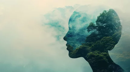 Foto op Canvas Outline of a human head containing a serene landscape background, symbolizing the concept of inner peace and mental tranquility with copy space © Keitma