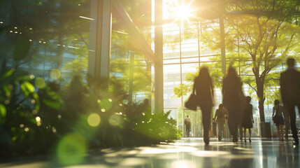 Blurred background of people walking in a modern office building with green trees and sunlight , eco friendly and ecological responsible business concept image with copy space - obrazy, fototapety, plakaty