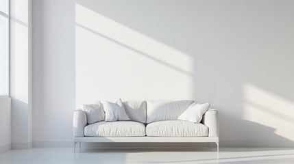 White concrete mock-up wall with white fabric sofa and pillows modern interior. Minimalist home interior design. Generative AI