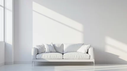 Foto op Plexiglas White concrete mock-up wall with white fabric sofa and pillows modern interior. Minimalist home interior design. Generative AI © 수아 유