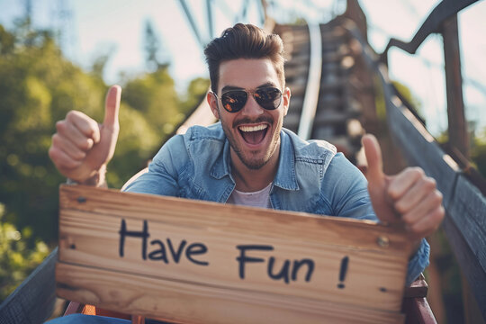 Have fun concept image with a young man having fun in a rollercoaster ride with a sign with written words Have Fun