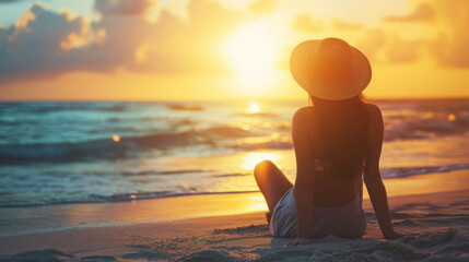 Woman with hat vacationing at sunrise at the beach looking at the ocean with Copy Space , summer holiday background image - Powered by Adobe
