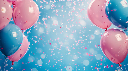 Pink and blue balloons and confetti background with copy space for festive gender reveal party or baby shower backdrop - obrazy, fototapety, plakaty