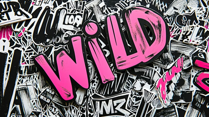 Wild concept image with illustration of WILD word text and various typography, black and white and pink like stickers and tag paint