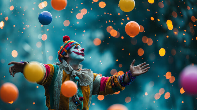 Artistic representation of jugglers skillfully performing with vibrant balls at a carnival, adding flair to the entertainment