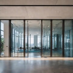 Blurred abstract background interior view looking out toward to empty office lobby and entrance doors and glass curtain wall with frame