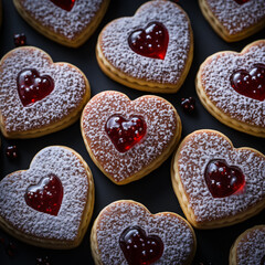 Heart shaped cookies decorated for Valentine's Day. Free space for text. Two heart shaped cookies with jam on a black wooden table. Like postcard