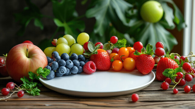 Empty white plate with vegetables and fruits For displaying health products. Generative Ai illustration.