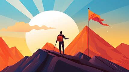 Triumphant journey: businessman walking towards success flag atop mountain – startup, finance, achievement, leadership concept (vector illustration)