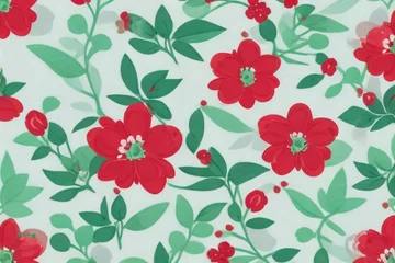 Fotobehang red and grey vector flowers with leaves bunches pattern on green background © Abdul