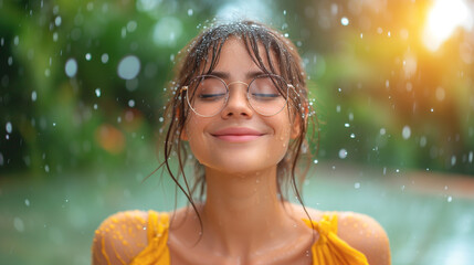Happy girl in glasses under rain. Wet hair and shirt. Rainy day. Generative AI