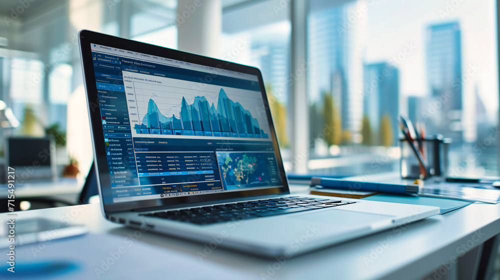 Poster modern business workspace: a modern office setup with a businessman analyzing financial charts on a 