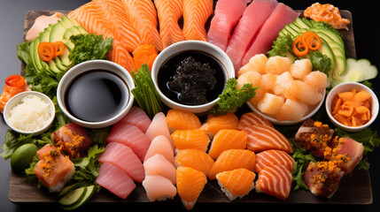 Sushi set with wasabi and ginger on black stone tray on black table. - obrazy, fototapety, plakaty