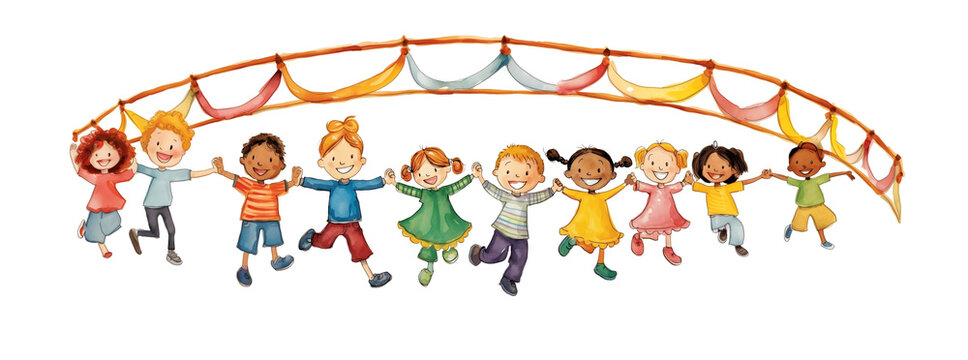 Group of children holding hands, joyful event, special occasion, holiday, fair, festival, merry decoration, nursery school activity, dancing a farandole, round dance, good time having fun with friends