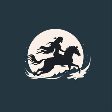 A woman riding a wild horse in the moonlight