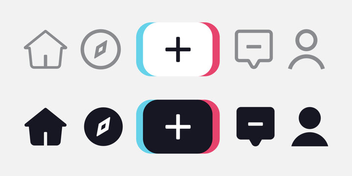 Tik tok menu button icon of social media on white and black background. Home, discover, create, inbox, and profile. Vector EPS 10