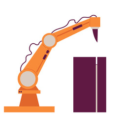 Industrial robots manipulators. Knife, cutter. Robotized arm, modern industry robotically technology, conveyor. Factory machinery automatic.