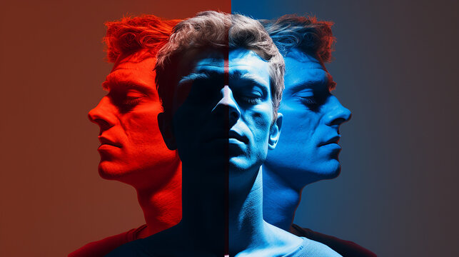 Overlaid image of three men's faces in stereoscopic blue and red colors