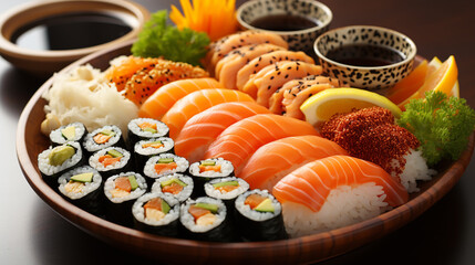 A hand holds chopsticks with Japanese sushi rolls on a plate and soy sauce on a pink background with a hard shadow. Concept food photography.