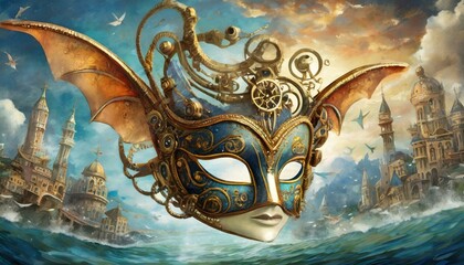 Whimsical steampunk-inspired venetian mask soaring through the skies amidst floating Venice