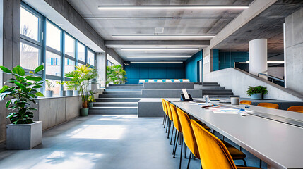 Corporate Meeting Room: An empty and modern corporate meeting hall with a stylish design and wooden furniture - obrazy, fototapety, plakaty