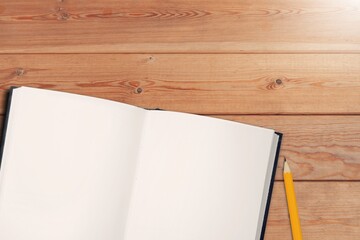 Open journal with blank paper and pencil on table.