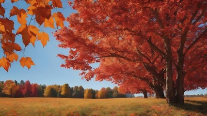 Naklejka na ściany i meble Beautiful autumn leaves on autumn red background sunny daylight horizontal