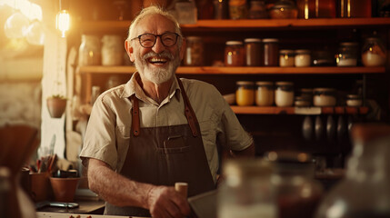 Cheerful elderly male chef with a white beard, glasses, and an apron laughing in a cozy, rustic kitchen with shelves full of jars.
