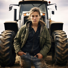 Portrait of a Tenacious Female Farmer Cultivating Hope with Her Tractor in the Heartland