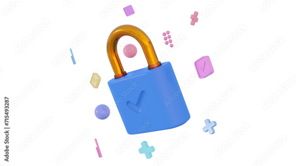 Poster cyber security internet concept. 3d lock with key and protection shield. networking safety connect. 