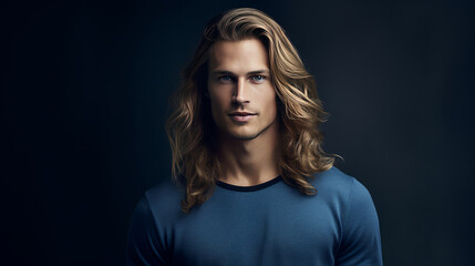 Elegant sexy smiling Caucasian blond man with blond and long hair with perfect skin, on a dark blue background, banner.