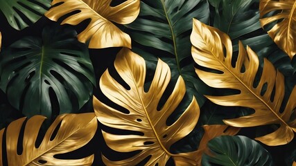 Golden monstera leaves background design resource
