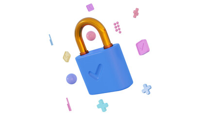 Cyber security internet concept. 3D Lock with Key and Protection shield. Networking Safety connect. Shield shape with padlock. Safety and privacy your data. Cartoon realistic icon isolated. 3D Render
