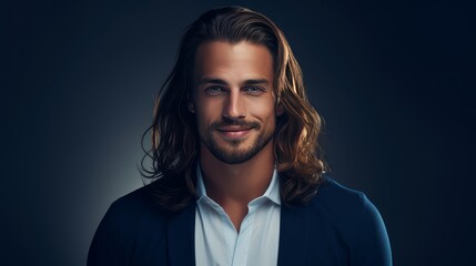 Obraz premium Handsome elegant sexy smiling Caucasian man with perfect skin and long hair, on a dark blue background, banner, close-up.