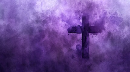 Ash Wednesday themed watercolor artwork showing a simple ash cross on a textured purple background, minimalist and evocative, hand-painted watercolor - obrazy, fototapety, plakaty