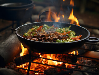 A large wok on a camp fire with meat being cooked