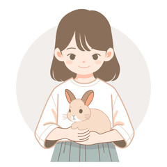 Little girl holding pet rabbit. Vector illustration with white background. Smiling animall owner portrait.