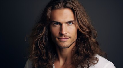 Handsome elegant sexy smiling Caucasian man with perfect skin and long hair, on a silver...