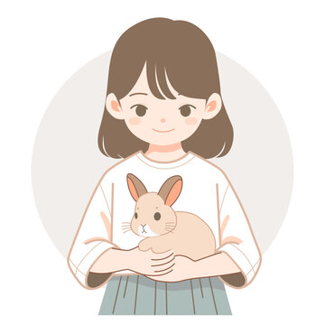 Little girl holding pet rabbit. Vector illustration with white background. Smiling animall owner portrait.
