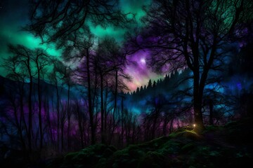 natural greenery in the dark night in  the open blue sky shinning with moon lights 
dark green cave with little light crossing from the cave under the majestic sky and greenery   abstract night green 