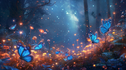 adventure, mushrooms, blue butterflies, forest, fantasy, imagination, night with milky way in the sky, psychedelic