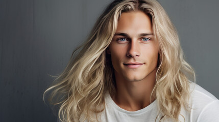 Elegant sexy smiling Caucasian blond man with blond and long hair with perfect skin, on a silver...