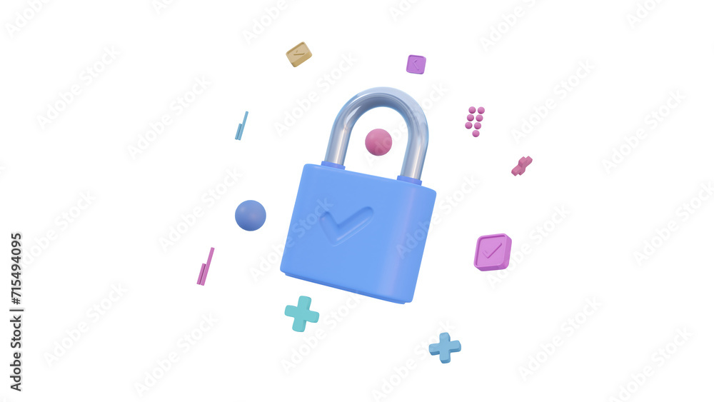 Poster cyber security internet concept. 3d lock with key and protection shield. networking safety connect. 