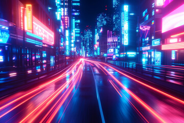 Abtract colorful futuristic night city background tokyo neon signs long exposure lights 3d render 3d illustration