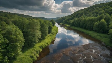 River surrounded by forests under a cloudy sky in thuringia in germany - obrazy, fototapety, plakaty