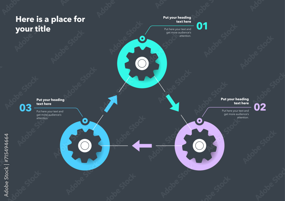 Poster Gear process infographic with three steps - dark version. SImple chart design for workflow layout, diagram, banner, web design.